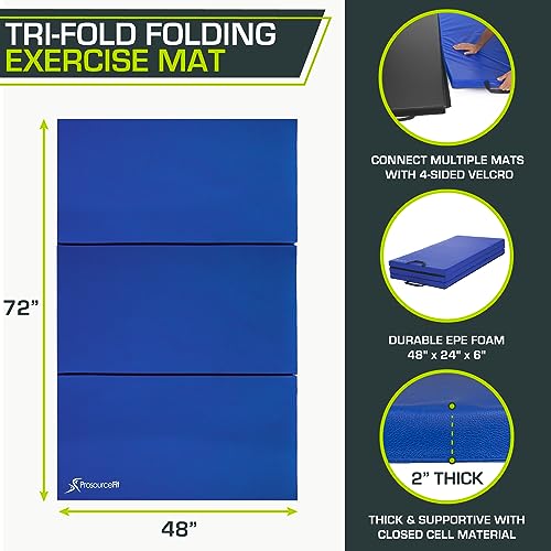ProsourceFit Tri-Fold Folding Exercise Mat with Carrying Handles, 6-Feet Length x 4-Feet Width x 1.5-Inch Thickness, Blue