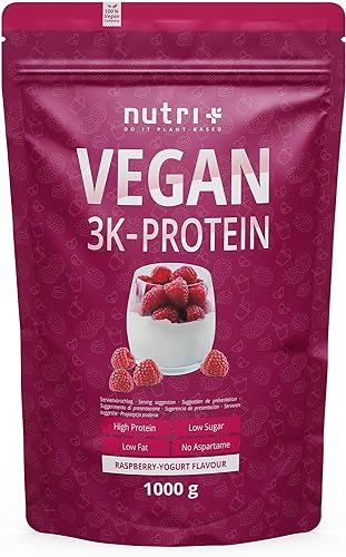 Proteína Vegana en Polvo de Yogur con Frambuesa 1kg - 80% Proteína - 3k Proteínas en Polvo - Sin Leche, Lactosa y Gluten 1000g Protein Blend - Nutri + Vegan