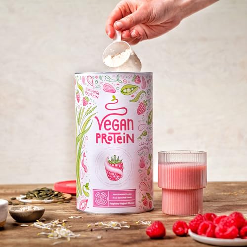 Proteína Vegana - Sabor a Yogur de Frambuesa. 600 gr - Proteína Vegetal de Soja, Arroz, Guisante y Semillas Germinadas - Vegan Protein con Estevia - Alto Contenido en Proteínas para Masa Muscular