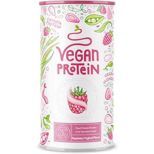 Proteína Vegana - Sabor a Yogur de Frambuesa. 600 gr - Proteína Vegetal de Soja, Arroz, Guisante y Semillas Germinadas - Vegan Protein con Estevia - Alto Contenido en Proteínas para Masa Muscular