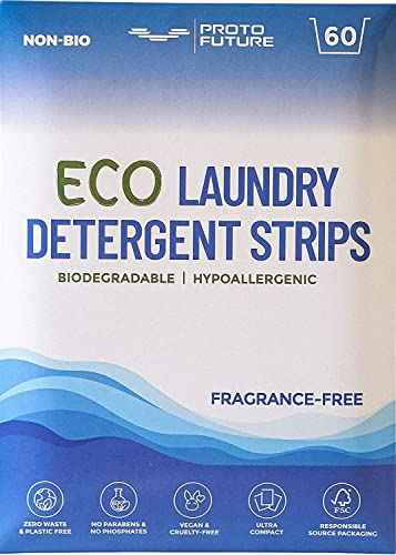 Proto Future Tiras de Detergente Ecológico Para la Lavadora - (60 Lavados) Tiras Ecológicas Biodegradables, Hipoalergénicas, Cero Residuos y Sin Plástico - Fórmula Vegana y Sin Enzimas (Sin Fragancia)