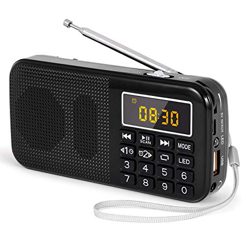 PRUNUS J-725 FM Radio Portatil Pequeña, Reloj Digital Despertador, Bateria Recargable de 3000mAh, Reproductor de AUX/USB/SD con Altavoz de 3W, y Linterna LED(Negra)