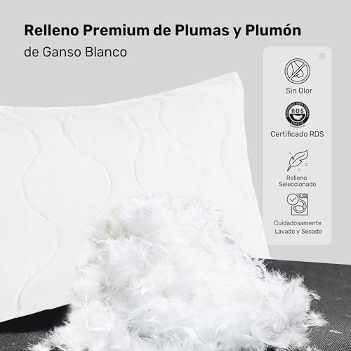puredown® Almohadas de Plumas y Plumón de Ganso con Funda de 100% Algodón Lavable a Máquina Paquete de 2, 40x80cm