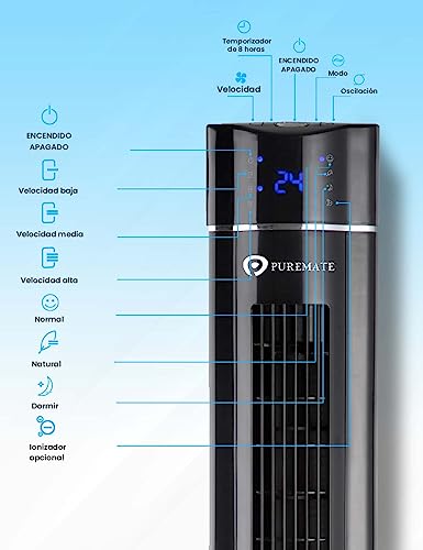 PureMate Ventilador de torre oscilante de 109 cm con purificador de aire y función de aroma, 3 velocidades de ventilador, pantalla LED, temporizador, ventilador de piso portátil sin aspas
