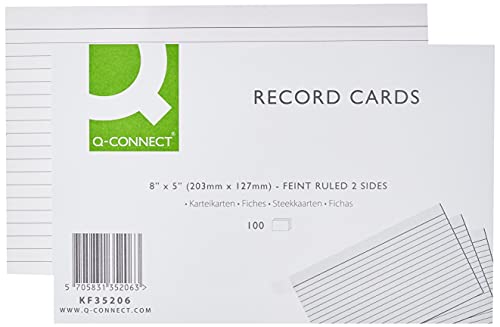 Q-Connect Record Card - Ficha para notas (rayadas, 20.3 x 12.7 cm, 100 unidades), blanco