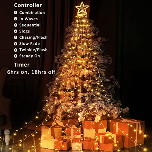 Qedertek Cortina de Luces con Estrella, 317 LED Luces de Navidad Decorativas, Guirnalda Luces Led Blanco Calido, Cortina Luces LED para Decoración Navidad, Bodas, Fiesta, Exterior, Arboles, jardín