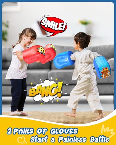 QPAU Guantes de boxeo inflables para niños, 2 pares de almohadas inflables de boxeo, juguetes para niños a partir de 5 años, diversión segura para interiores, exteriores, fiestas, juegos