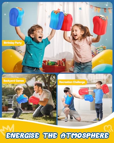 QPAU Guantes de boxeo inflables para niños, 2 pares de almohadas inflables de boxeo, juguetes para niños a partir de 5 años, diversión segura para interiores, exteriores, fiestas, juegos