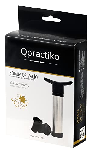 Qpractiko - Bomba de Vacío para Vino de Acero Inoxidable | Conservador de Sabor y Aroma | Uso Sencillo | Incluye 2 Tapones de Silicona, Plata, Acero Inoxidable