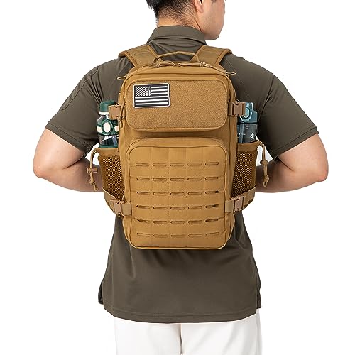 QT&QY Mochila táctica militar de 25L para hombres, con corte láser Molle, mochila de supervivencia pequeña, bolsa de gimnasio, mochila con soporte para dos tazas y para uso diario