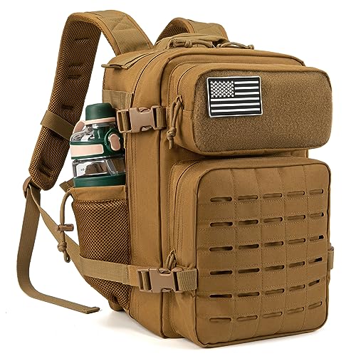 QT&QY Mochila táctica militar de 25L para hombres, con corte láser Molle, mochila de supervivencia pequeña, bolsa de gimnasio, mochila con soporte para dos tazas y para uso diario