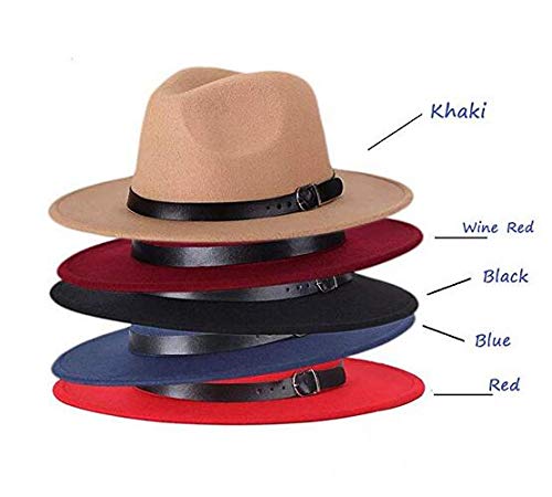 QUUPY Sombrero Fedora clásico de ala ancha con hebilla de cinturón, sombrero de Panamá de fieltro para mujeres y hombres (rojo)