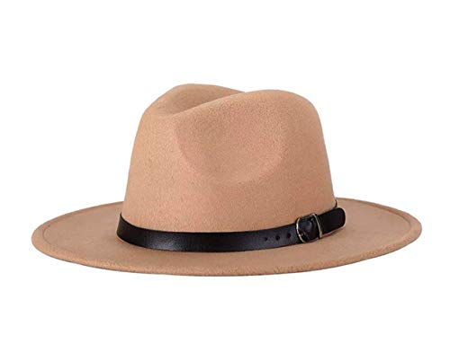 QUUPY Sombrero Fedora clásico de ala ancha con hebilla de cinturón, sombrero de Panamá de fieltro para mujeres y hombres (rojo)