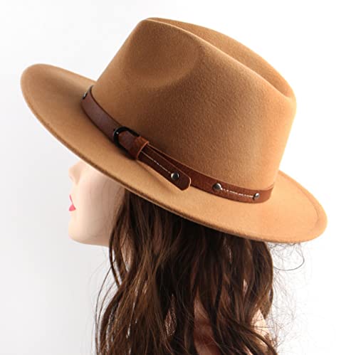 QUUPY Sombrero Fedora clásico de fieltro caqui de ala ancha, sombrero de Panamá para otoño e invierno, sombrero de jazz con remache cinturón hebilla banda y cordón ajustable