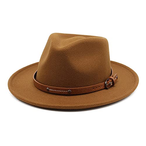 QUUPY Sombrero Fedora clásico de fieltro caqui de ala ancha, sombrero de Panamá para otoño e invierno, sombrero de jazz con remache cinturón hebilla banda y cordón ajustable