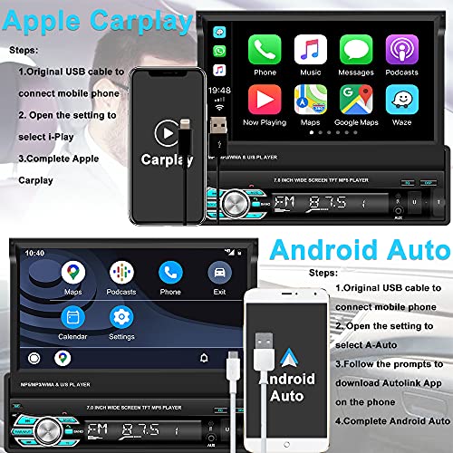 Radio Coche 1 DIN Apple Carplay Android Auto con 7 Pulgadas Pantalla Táctil Plegable, Pantalla para Coche Bluetooth, Autoradio con Mirror Link USB/TF/AUX +Cámara Trasera AHD