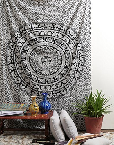 RAJRANG BRINGING RAJASTHAN TO YOU Tapiz de mandala para colgar en la pared, tapices de algodón decorativos en blanco y negro, 213 x 137 cm