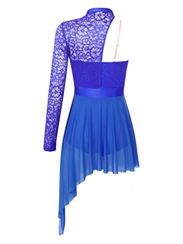 ranrann Asimétrico Vestido de Ballet Encaje para Mujer Maillot Danza Clásica con Falda Una Manga Vestido de Baile Lírico Contemporánea Dancewear Azul E XL