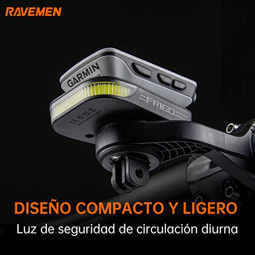 RAVEMEN FR160 Compatible con Garmin Ciclocomputadores,6 Modos Luces de Circulación Diurna con luz Intermitente de Advertencia,Tipo-C IPX6 a Prueba de Agua(Protegido por Patente)