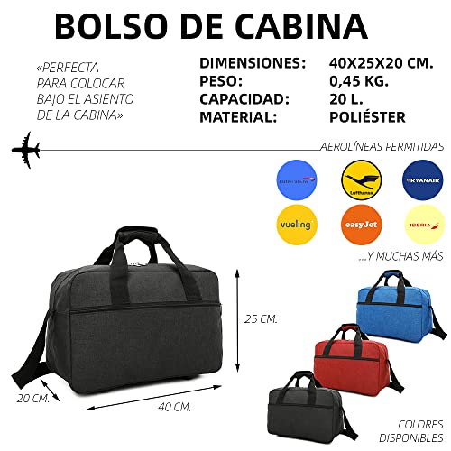 RAYKONG Bolsa de Cabina Ryanair 40x20x25 cm Equipaje de Viaje Mano Avion Bolso de Cabina Correa Regulable con Refuerzo para el Hombro.(Cab-1-Negro)