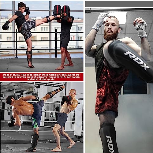 RDX Espinilleras Kick Boxing Muay Thai, Aprobado por SMMAF, Maya Hide Cuero Espinilla Empeine Protección, MMA Shin Pierna Guardia para Sparring Boxeo BJJ Kárate Entrenamiento Protector