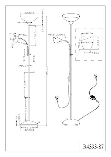 Reality Erzwo - Lámpara de pie con interruptor de cable y pie, necesaria bombilla superior E27 de 150 W como máximo y en lector E14 de 40 W como excluida, regulable, metálica