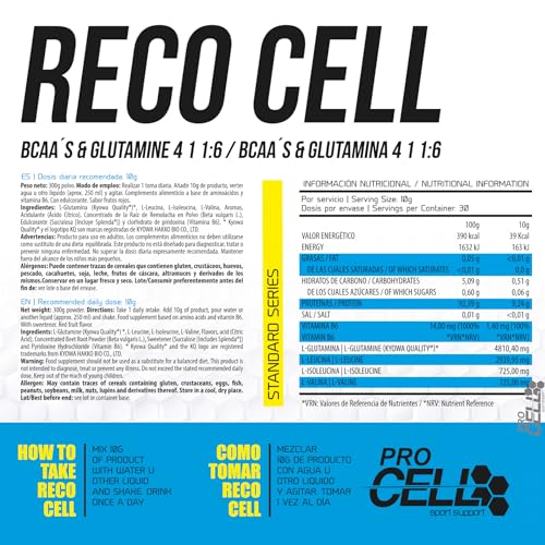Reco Cell | Suplemento de Recuperación Post Entrenamiento con L-Glutamina, BCAA's 4:1:1 y Vitamina B6 (300g / 30 servicios) - Sabor Melón - Recuperador y Aumento Muscular con Fórmula Avanzada