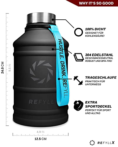 REFYLL X Botella de Agua de Acero Inoxidable Hero in 1.3-2.2L I Botella de Agua Fitness para Deportes, Gimnasio | Jarra de agua a prueba de fugas, duradera y sin BPA (negro medianoche)