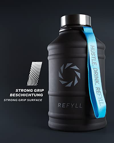 REFYLL X Botella de Agua de Acero Inoxidable Hero in 1.3-2.2L I Botella de Agua Fitness para Deportes, Gimnasio | Jarra de agua a prueba de fugas, duradera y sin BPA (negro medianoche)