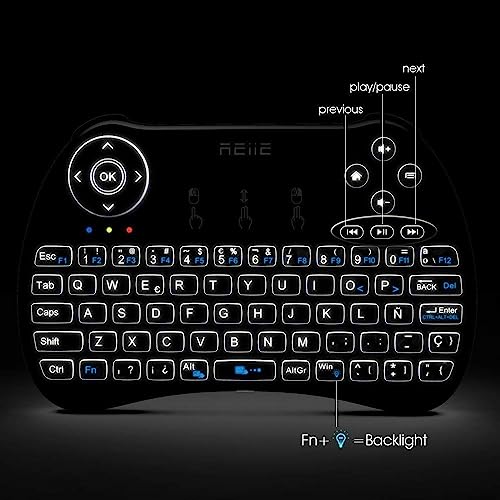 Reiie H9Plus Mini Touchpad Teclado Inalámbrico retroiluminado ,Color Negro QWERTY（tiene Ñ） (H9+)