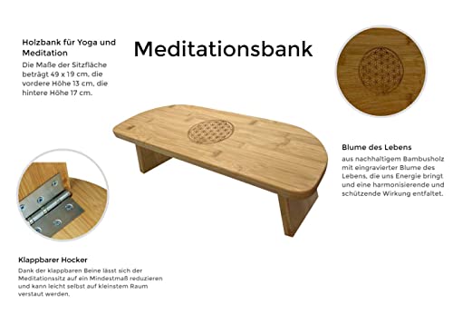 ReiseGut Banco de meditación con Flor de la Vida, 49 x 19 cm, de bambú, Plegable, para meditación, Asiento ergonómico para Yoga, Regalos esotéricos
