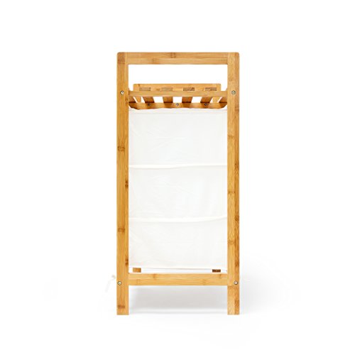 Relaxdays cesto para la Colada de bambú con Linea con Estante y 3 Compartimentos, Aproximadamente 40 L de Tela Blanca, 77 x 69,5 x 36 cm, Natural