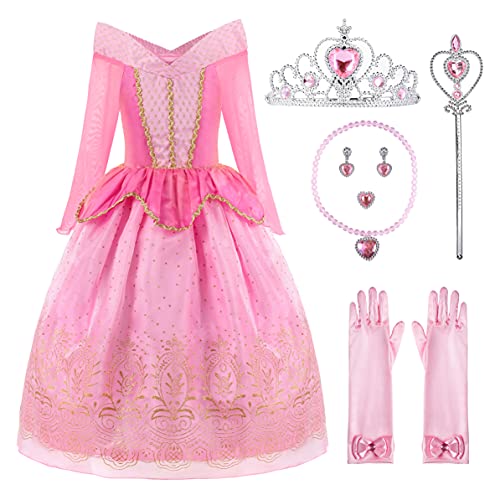 ReliBeauty Disfraz del Traje de la Princesa Aurora Ropa Rosa Partido Vestuario del La Bella Durmiente Vestido de Tul con la Lentejuela y el Ornamento de Oro niña con Accesorios, 130