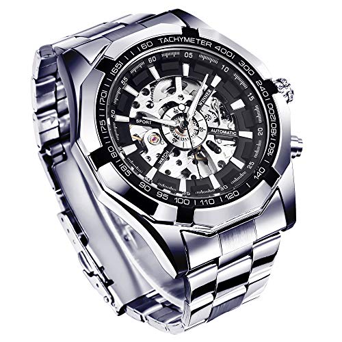 Reloj de pulsera para hombre, de la marca GuTe, con esqueleto descubierto, en color plateado y negro
