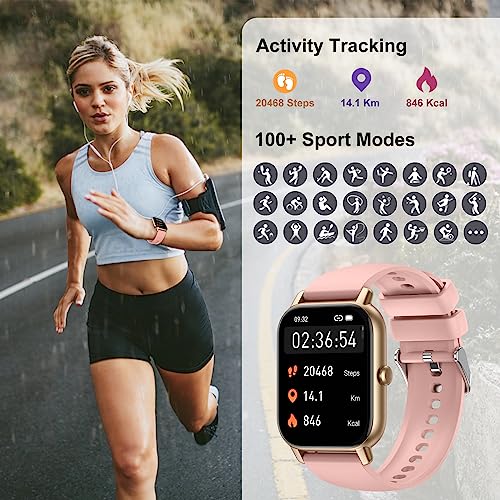 Reloj Inteligente Mujer, 1.85" Smartwatch Llamadas Bluetooth con Podómetro/Pulsómetro/Monitor de Sueño, 110+ Modos Deportivos Impermeable IP68 Pulsera Actividad para Android iOS, Oro Rosa
