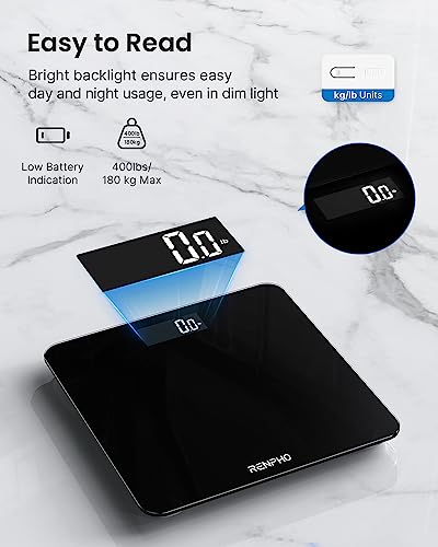 RENPHO Bascula de baño electrónica, Báscula digital de alta precisión con pantalla LED, de diseño fino, peso máximo de 180 kg y 50 gr de precisión, Negro