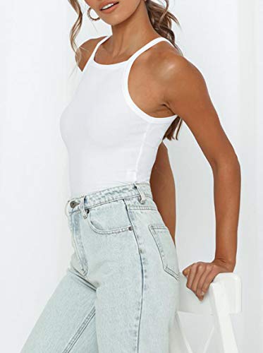 REORIA Camiseta sin mangas de punto acanalado con cuello halter y espalda cruzada para mujer blanco S