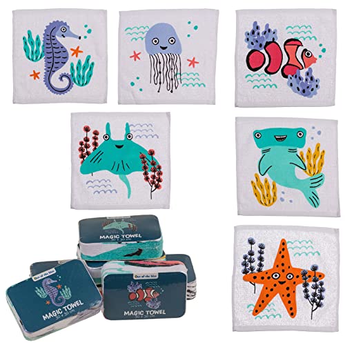 ReWu Toalla mágica de algodón, diseño de animales marinos, juego de 6 unidades, 30x30 cm, regalo de cumpleaños infantil, regalo de viaje, 100% algodón