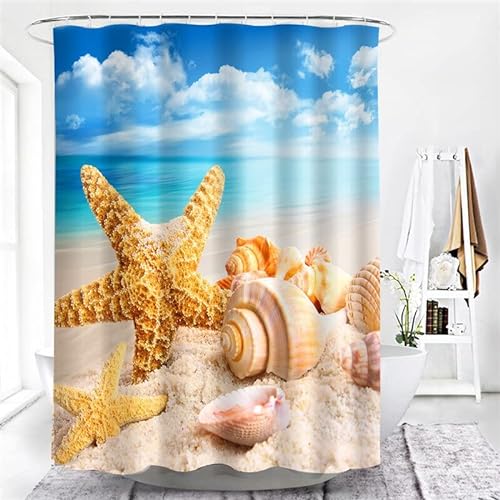 Rideau de séparation de décoration d'intérieur, Rideau de Douche à imprimé Coquille d'étoile de mer imperméable à l'eau Avec Crochet S.14 150x200cm