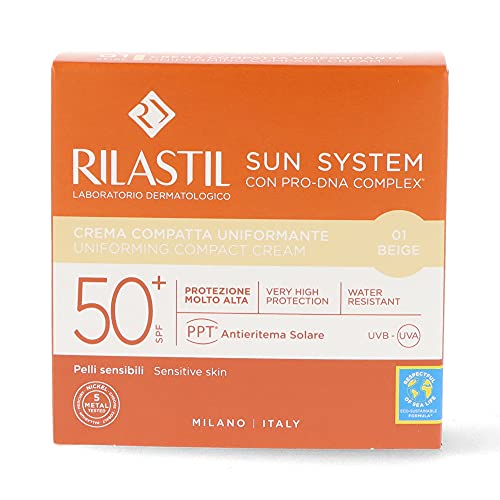 Rilastil Sun System - Base Compacta con Spf 50+, Corrige Imperfecciones y Unifica el Tono, Resistente al Agua, Tono Beige, 10 Gramos