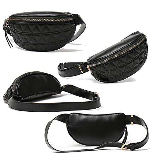 Riñoneras para Mujer Impermeable, Fanny Bag Waist Pack Ajustable Bolso de Cintura de Moda Cuero PU para Viaje Trabajo Fiesta (Negro)