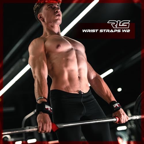 RL Grips™ Straps Gym con Muñequera para Levantamiento de Pesas y Powerlifting - Correas de Agarre para Espalda con Protección de Muñeca - Agarraderas de Gimnasio para Peso Muerto y Culturismo (Rojo)