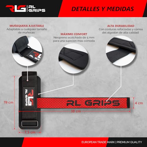 RL Grips™ Straps Gym con Muñequera para Levantamiento de Pesas y Powerlifting - Correas de Agarre para Espalda con Protección de Muñeca - Agarraderas de Gimnasio para Peso Muerto y Culturismo (Rojo)
