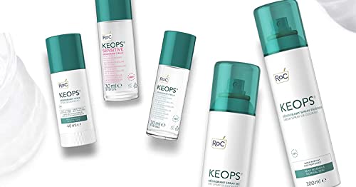 RoC - KEOPS Desodorante Roll-On Piel Sensible - Antitranspirante - Eficacia 48 Horas - Reduce la Humedad y el Malestar - Sin Alcohol y Sin Fragancia - Aloe Vera - 30 ml