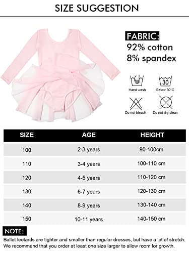 Ropa de ballet para niña, algodón, vestido de ballet, camiseta de manga corta, vestido de baile, body con falda de gasa, Rosa Manga Larga, 120 cm