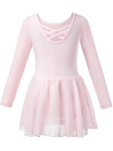 Ropa de ballet para niña, algodón, vestido de ballet, camiseta de manga corta, vestido de baile, body con falda de gasa, Rosa Manga Larga, 120 cm
