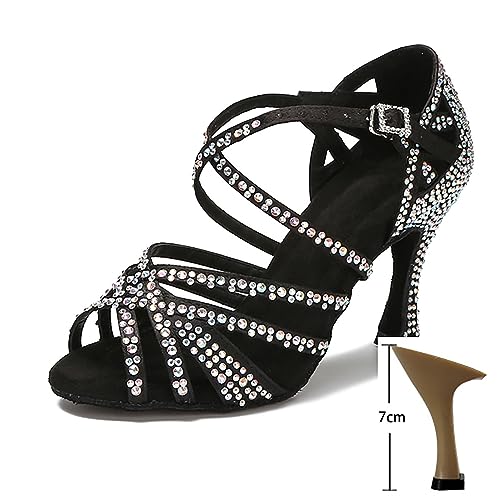 Rosefinch Zapatos de Baile Latino con Diamantes de imitación para Mujer,Moderno Pole Dance Baile de salón Zapatos de Boda Zapatos de latín para niñas Señoras Negro 7cm Tacón 41EU