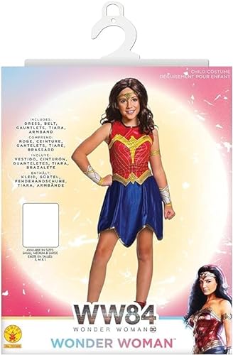 RUBIES DC Officiel Wonder Woman - Disfraz clásico para niños de 4 a 6 años - Vestido de tejido rojo y azul, cinturón, mangas, tiara y brazalete