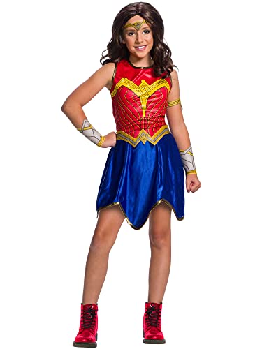 RUBIES DC Officiel Wonder Woman - Disfraz clásico para niños de 4 a 6 años - Vestido de tejido rojo y azul, cinturón, mangas, tiara y brazalete