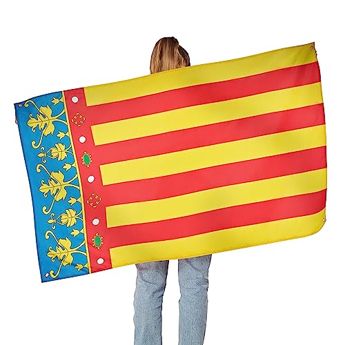 Runesol Bandera de la Región de Valencia, 91x152cm, 3ft x 5ft, Bandera Valenciana, 4 Ojales, Ojal en las Esquinas, Senyera Coronada, Reial Senyera, Banderas Premium, España, Interior, Exterior